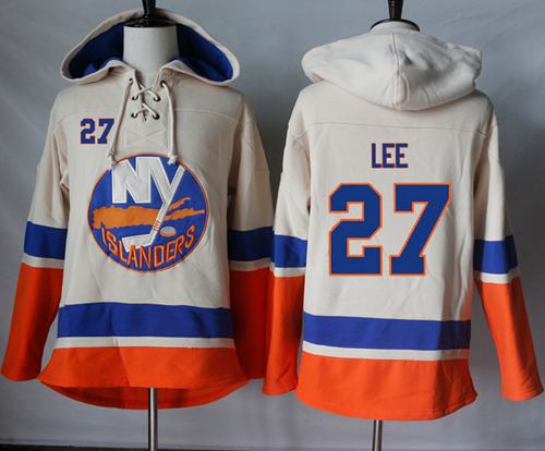 Islanders #27 Anders Lee Cream Sawyer Hooded Sweatshirt Stitched NHL Jersey